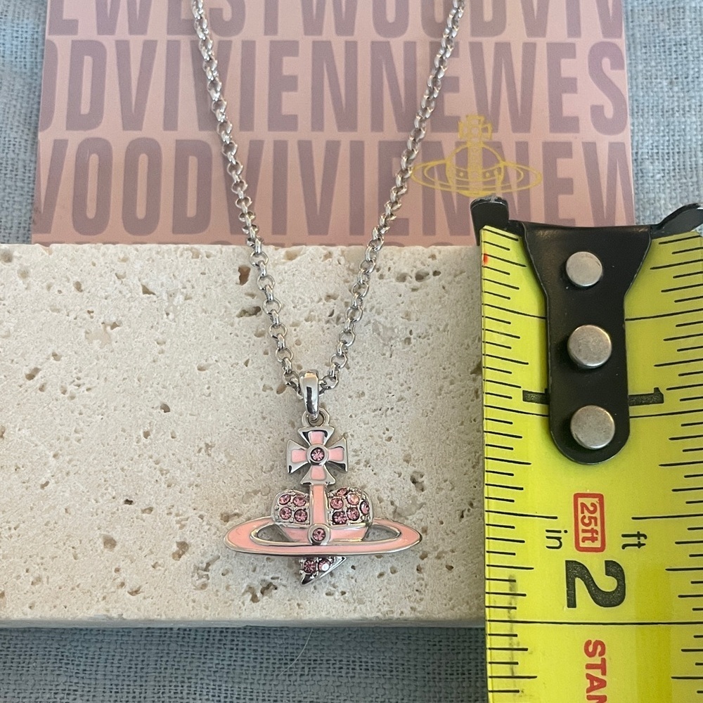 Vivienne Westwood Pink Orb Necklace Crystal Saturn Pendant Iconic Logo - Picture 2 of 4